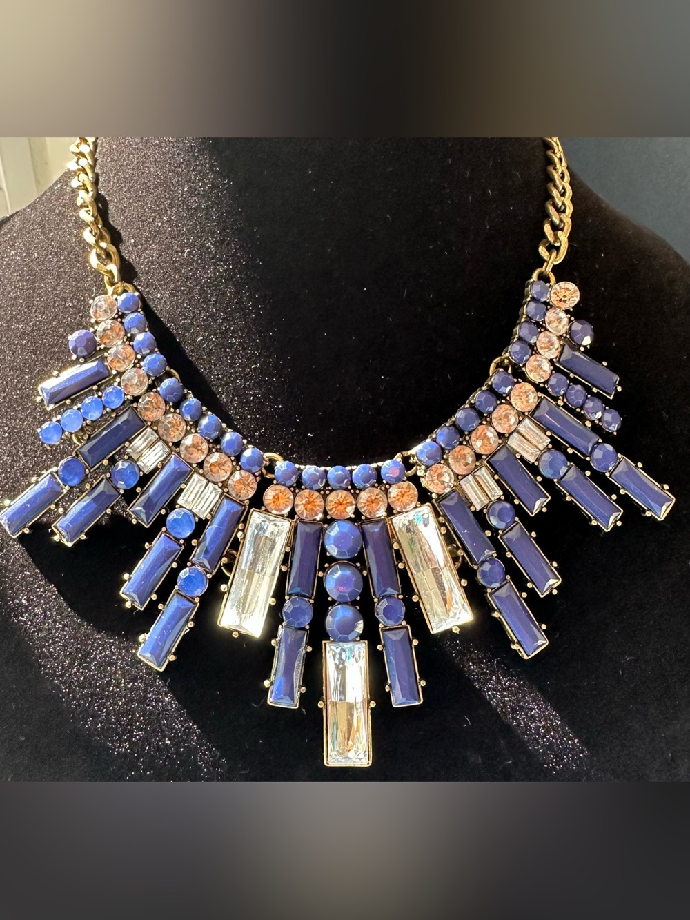 LOFT Blue & Clear Glass Necklace with Gold Tone Metal chain Bib Pendant Necklace